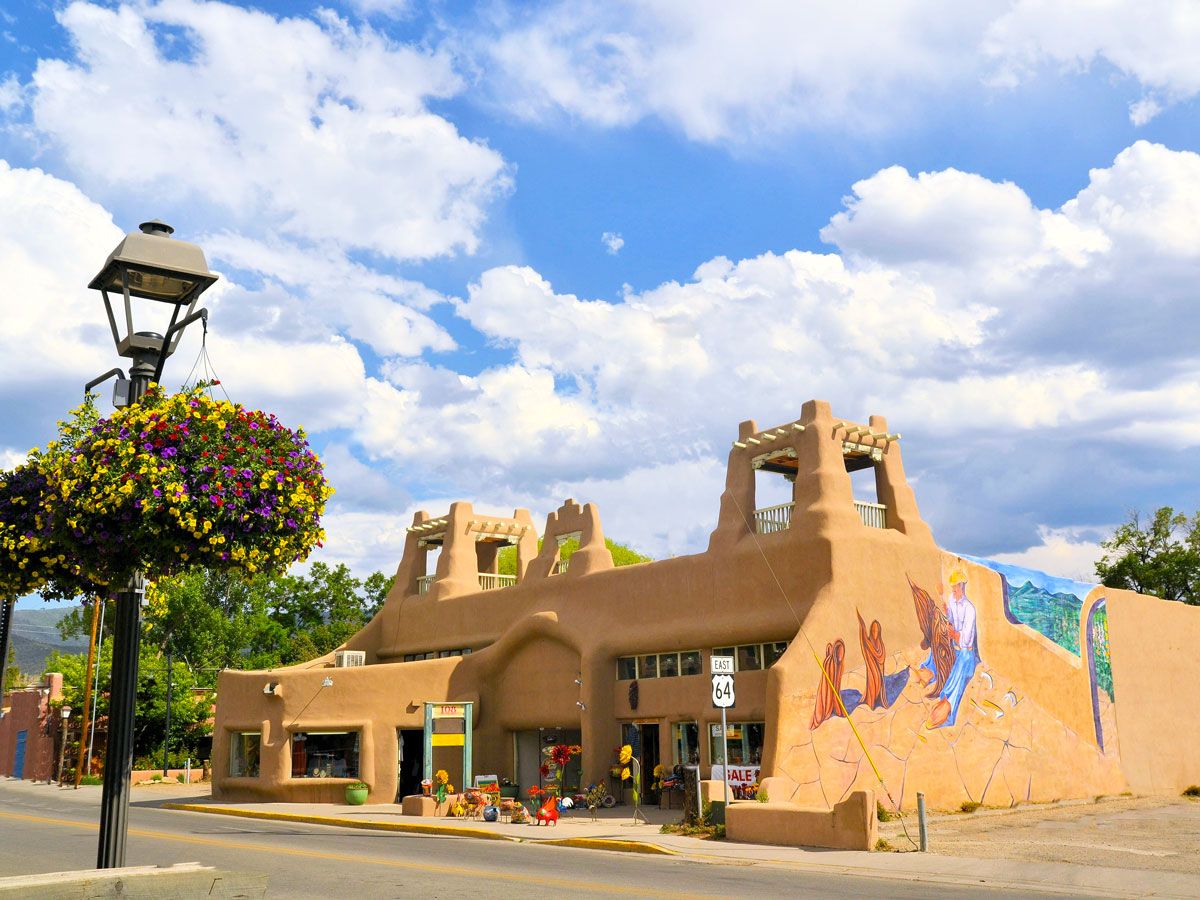 Traditional adobe building in Taos, New Mexico