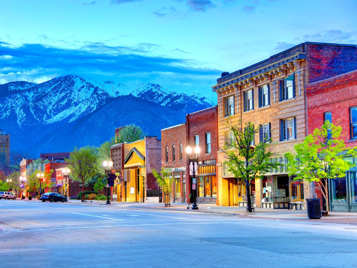 Historic 25th Street with view of mountains in Ogden, Utah