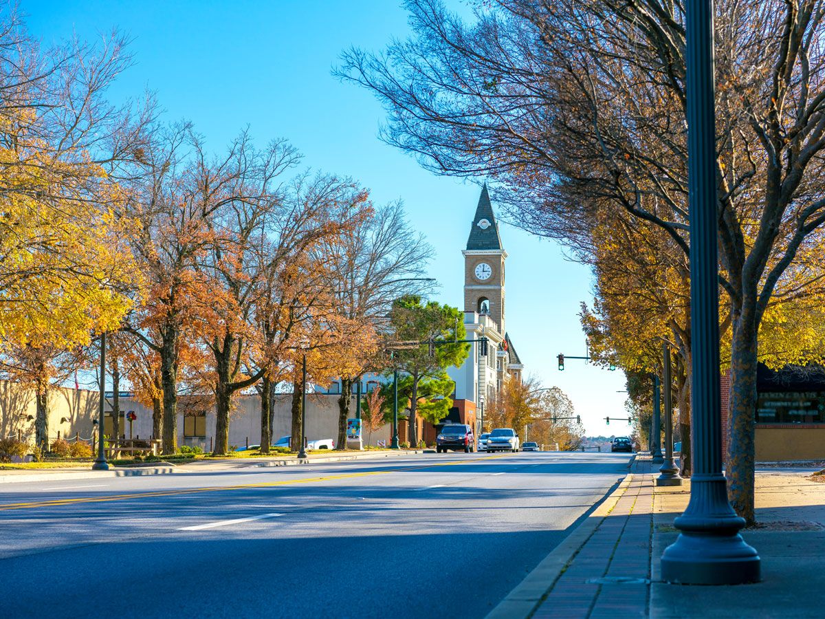 Downtown Fayetteville with view of courthouse in distance