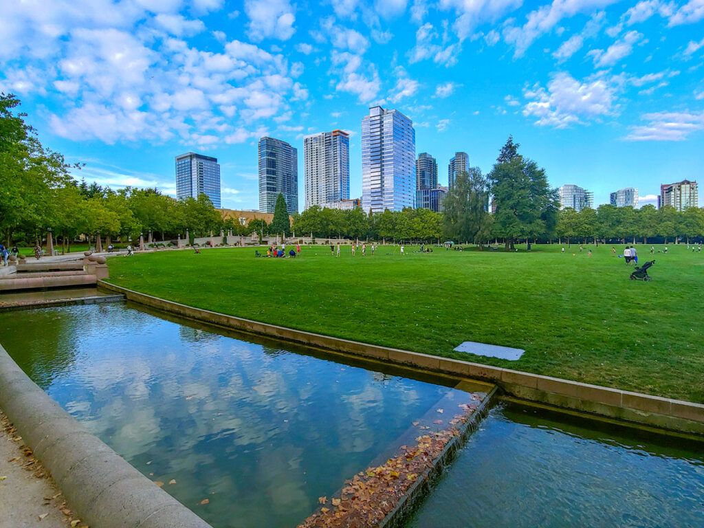 Park with view of high-rises in Bellevue, Washington
