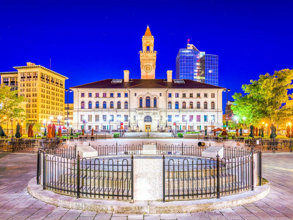 Central square in Worcester, Massachusetts, at night
