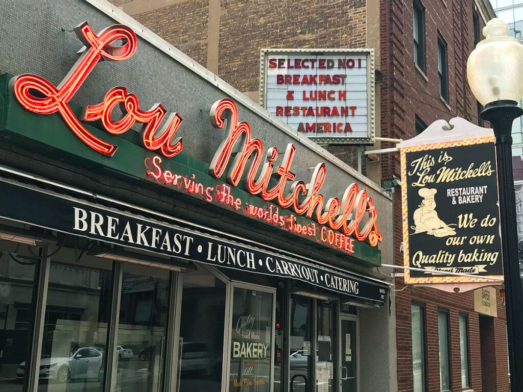 Exterior signage for Lou Mitchell's in Chicago, Illinois