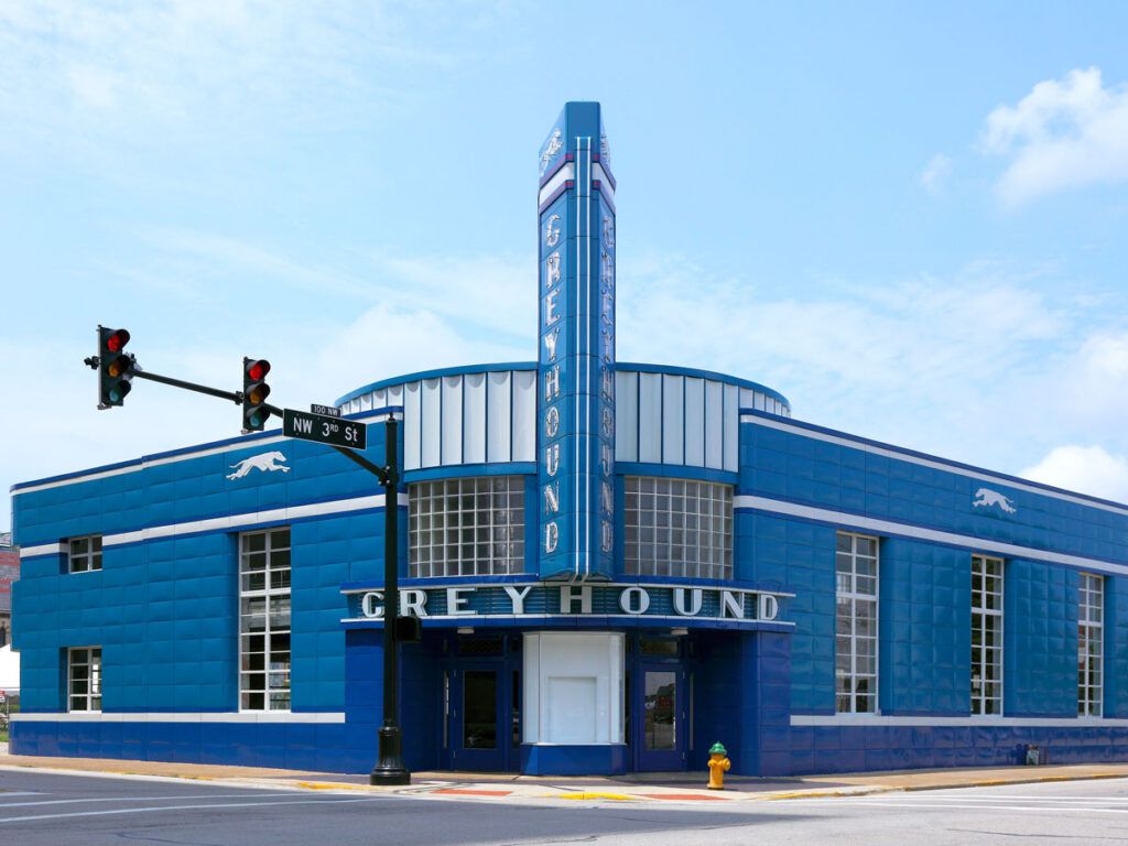 Blue exterior of Greyhound Bus Terminal in Evansville, Indiana