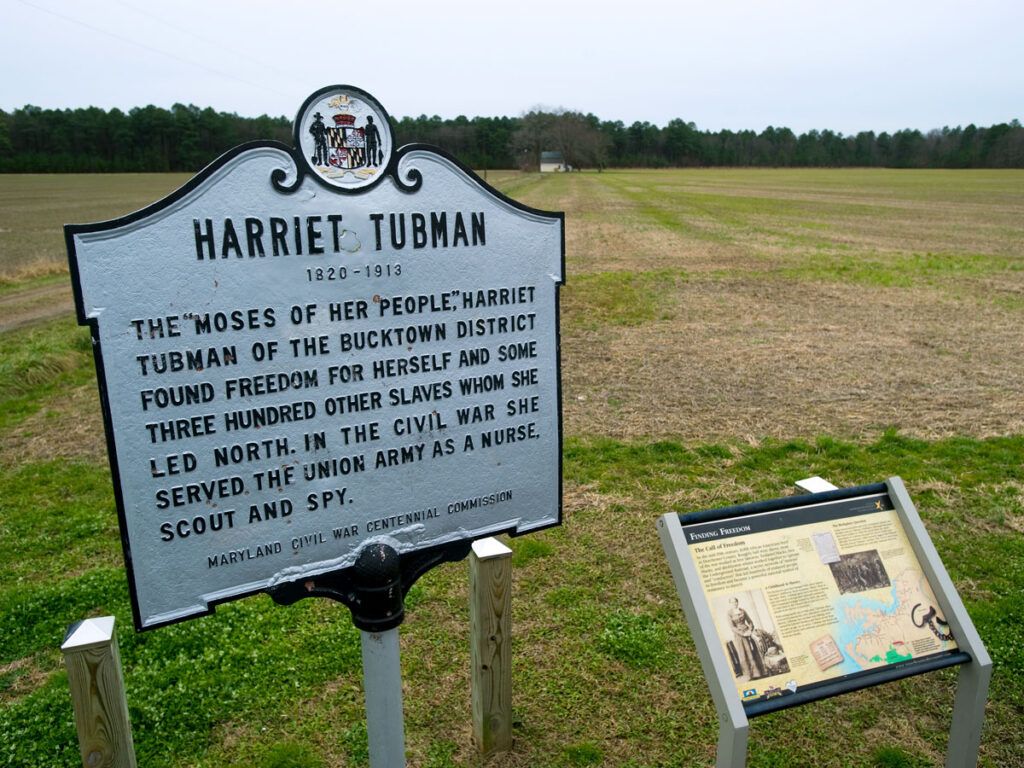 Sign detailing history of Harriet Tubman in Dorchester Country, Maryland
