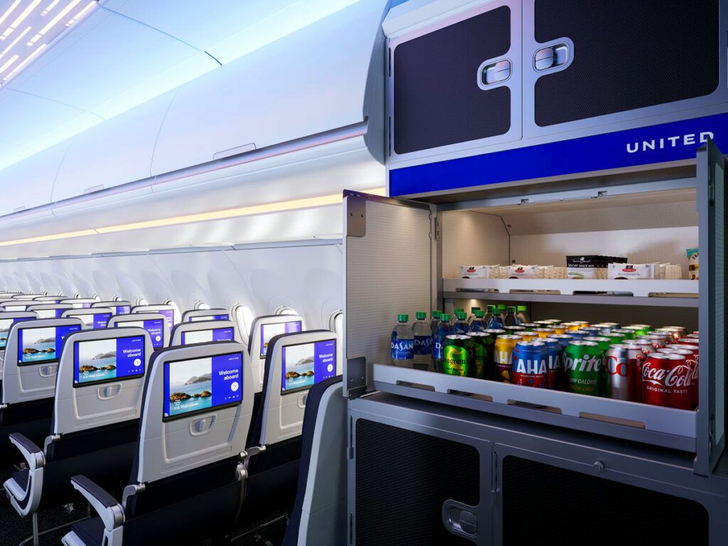 Snack bar behind economy-class seats on United Airlines