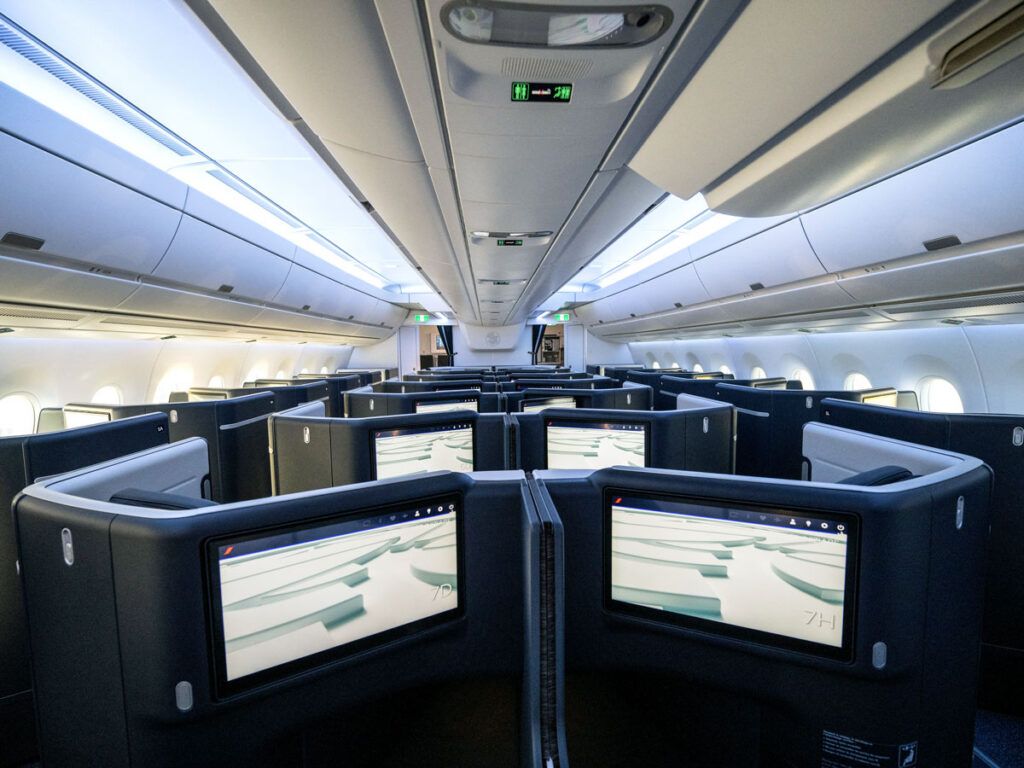 View of private pods in Air France business-class cabin