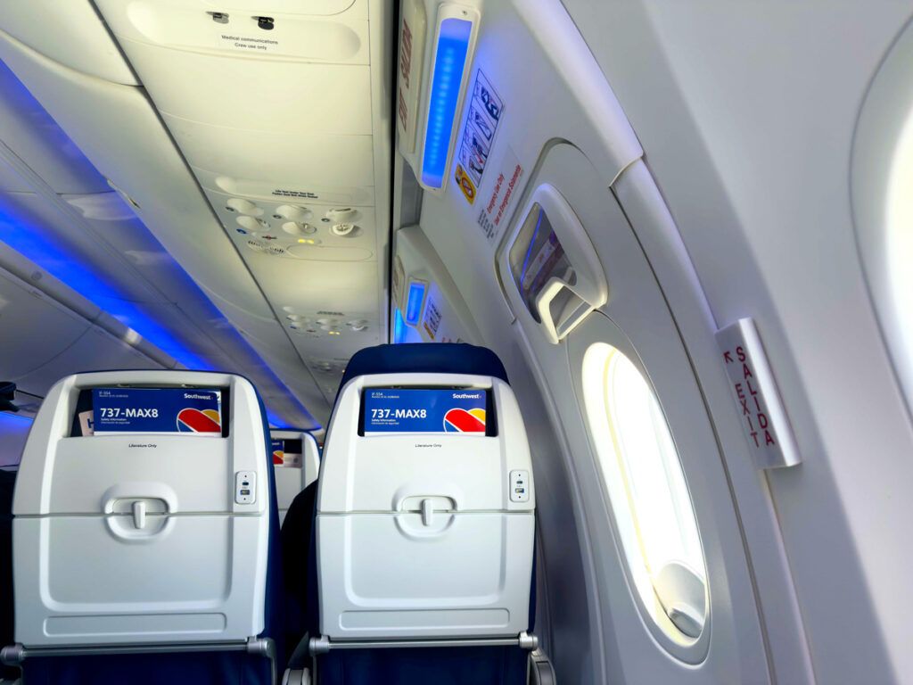 Exit-row seats on a Southwest Airlines Boeing 737-MAX8