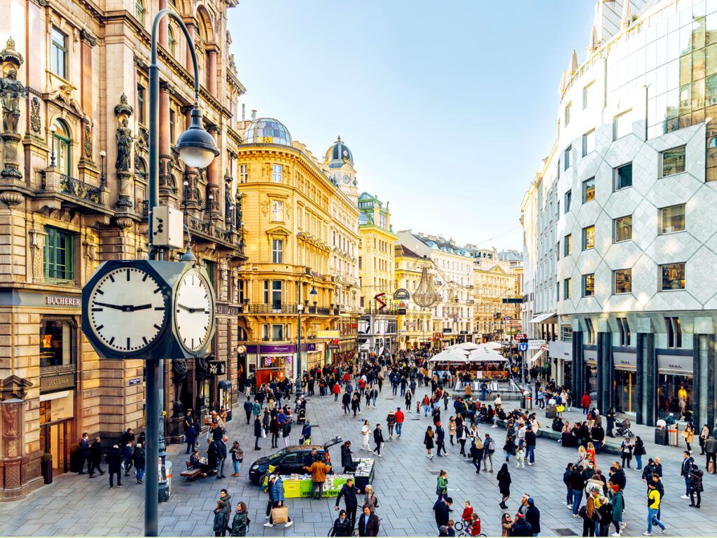 Crowded shopping street in Vienna, Austria