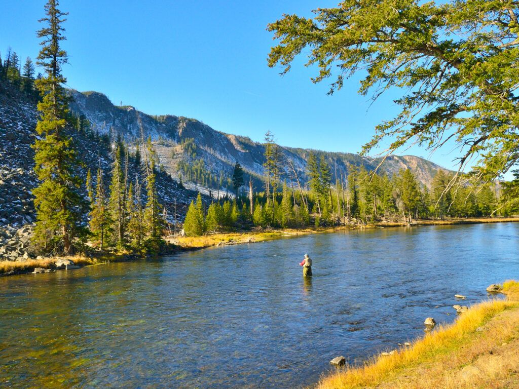 Person fly-fishing in river in Wyoming mountains