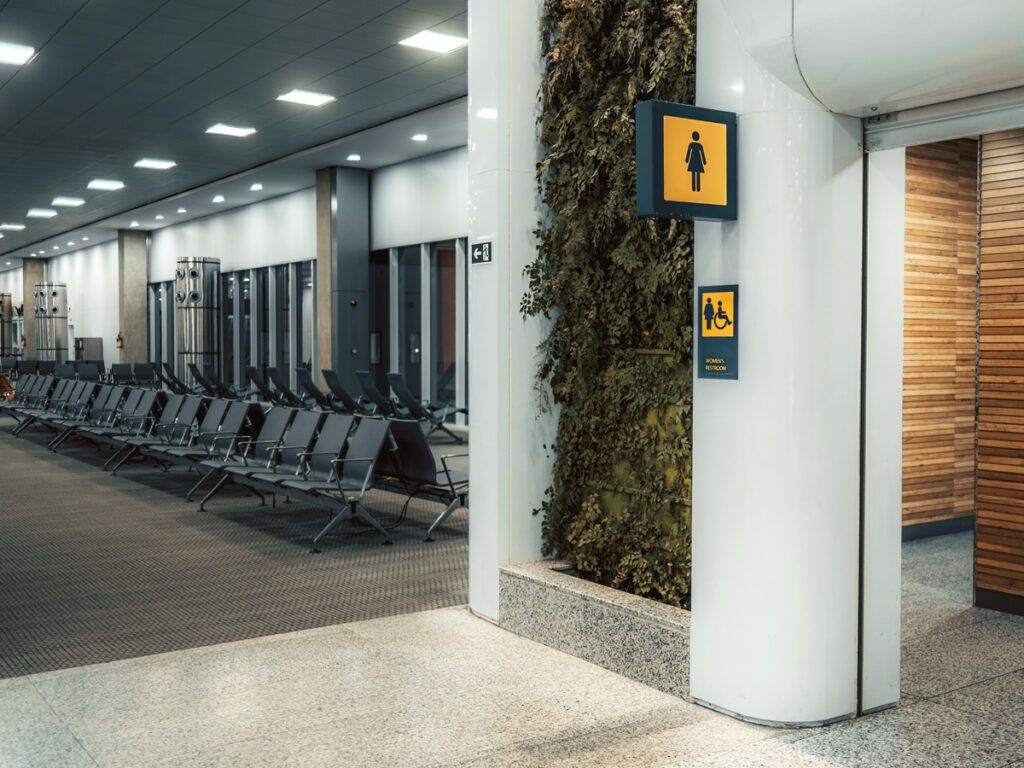 Restroom and seating area in airport terminal
