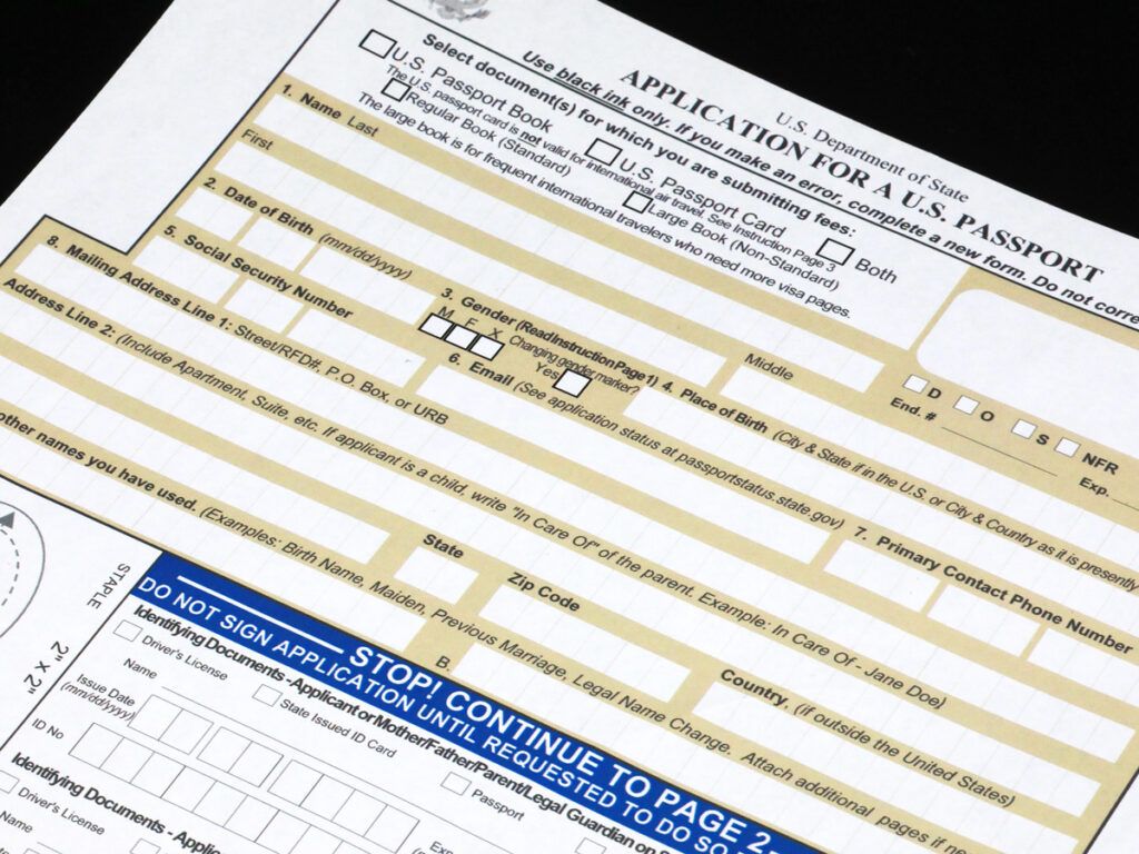 Close-up view of U.S. passport application