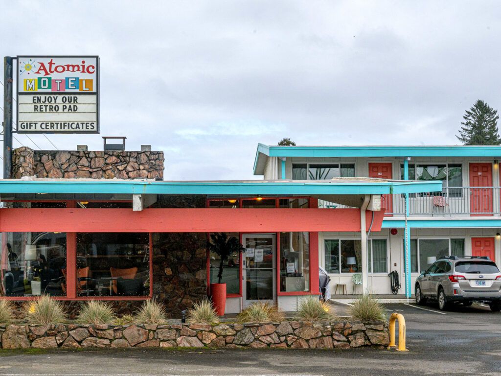 Exterior of the Atomic Motel in Astoria, Oregon