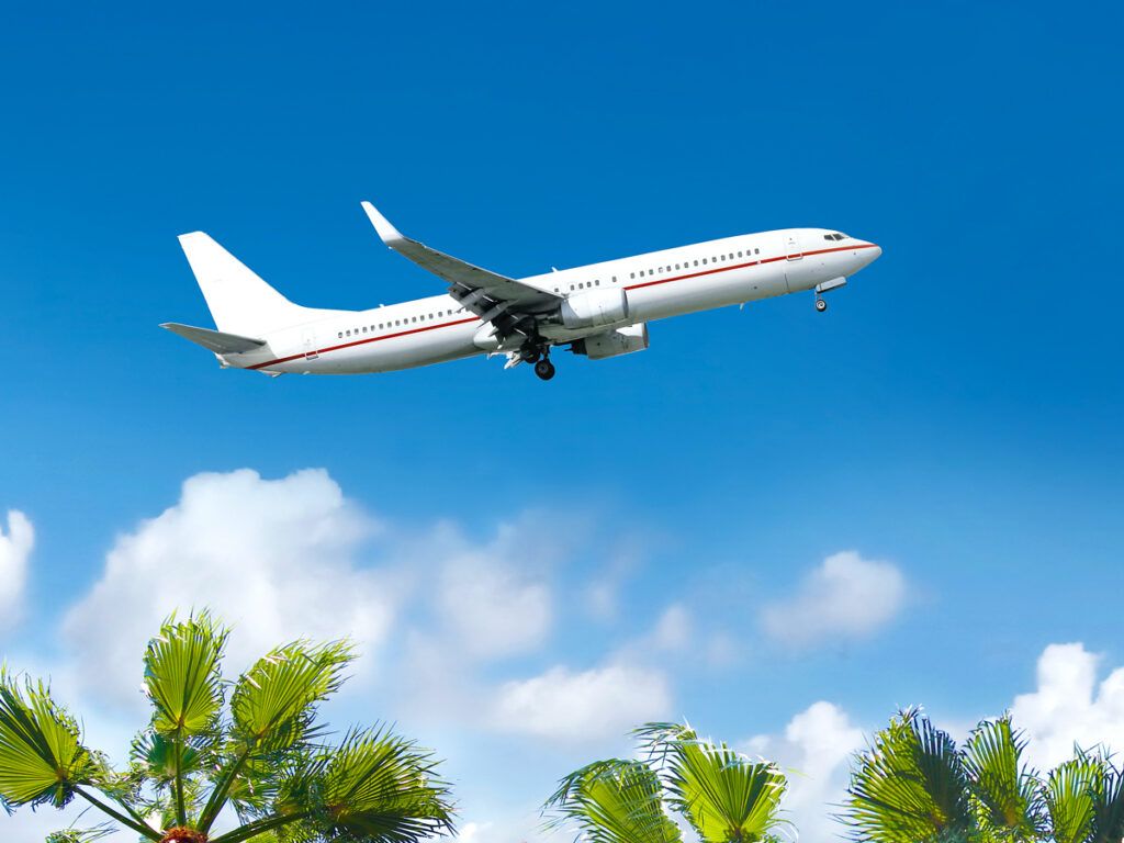 Boeing 737 taking off over palm trees