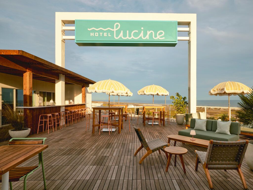 Rooftop deck overlooking Gulf of Mexico at Hotel Lucine in Galveston, Texas
