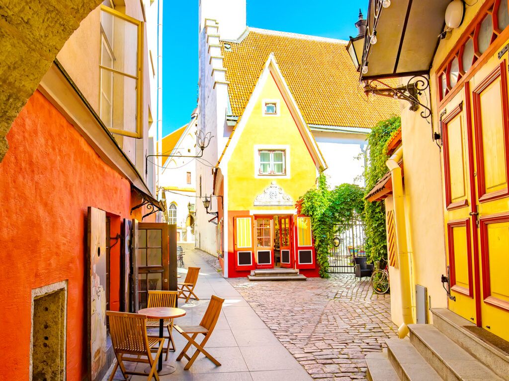 Brightly painted shops and cafes in Tallinn Old Town