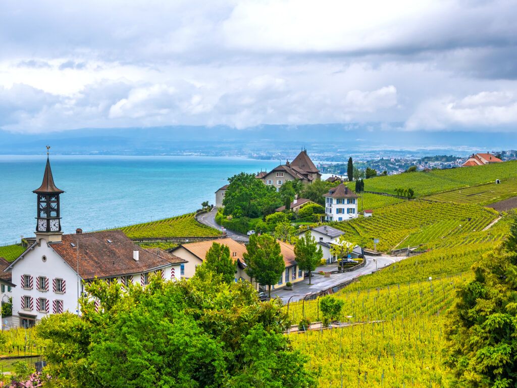 Lavaux vineyard terraces overlooking Lake Geneva in Switzerland