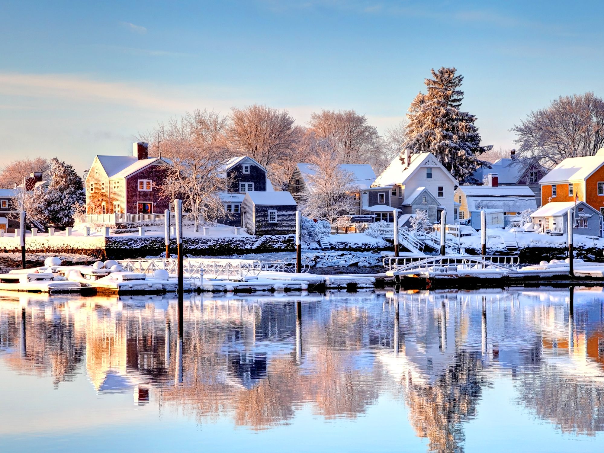 Snow-covered homes along New Hampshire waterfront