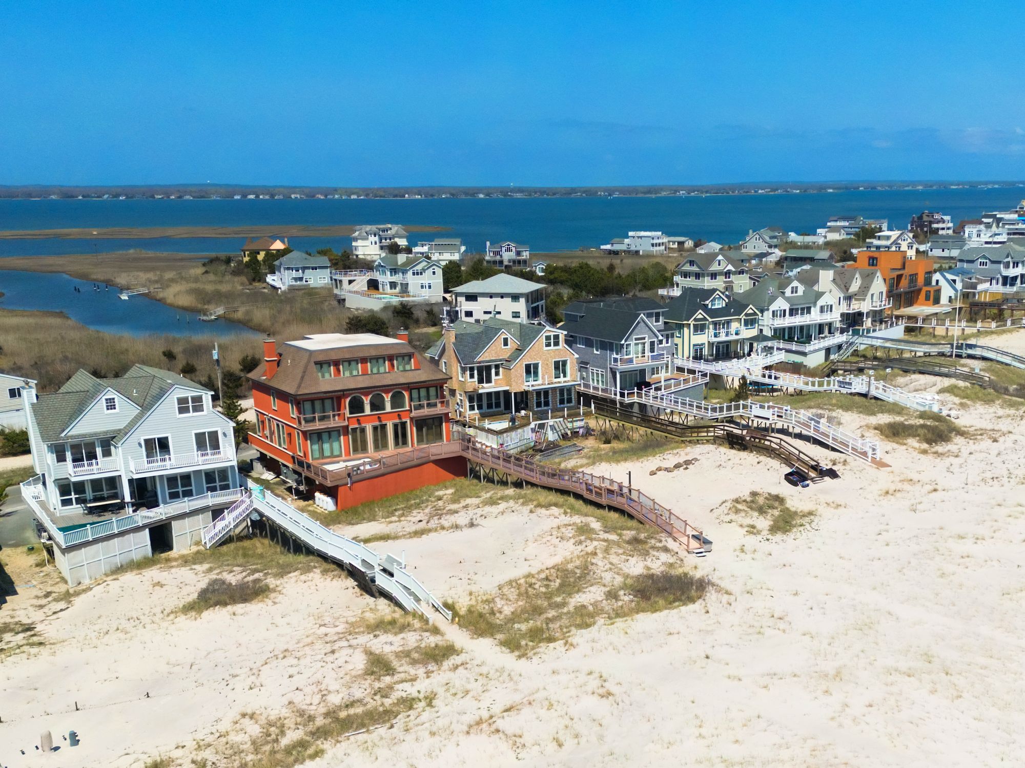 Aerial view of beachfront houses in the Hamptons, New York