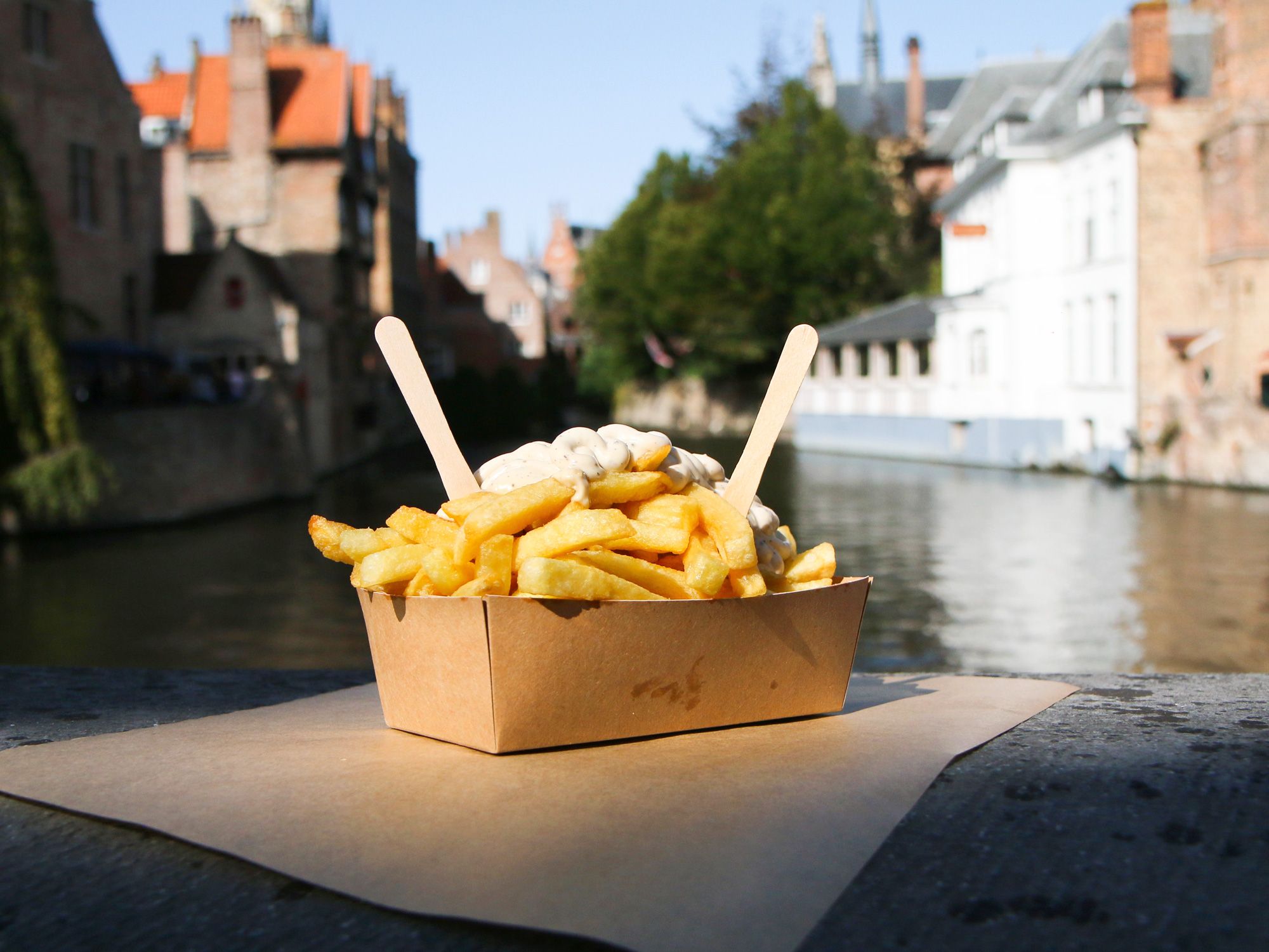 French fries beside canal in Belgium