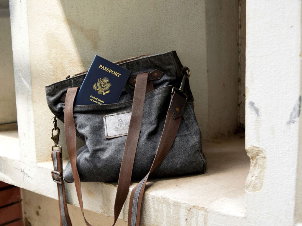 Purse with a passport in the pocket