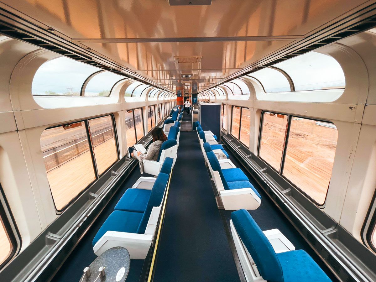 Amtrak observation car with floor-to-ceiling windows