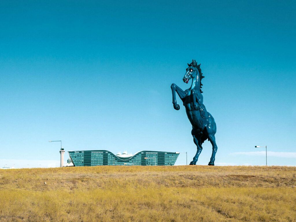 The Blue Mustang sculpture, popularly known as Blucifer, at Denver International Airport