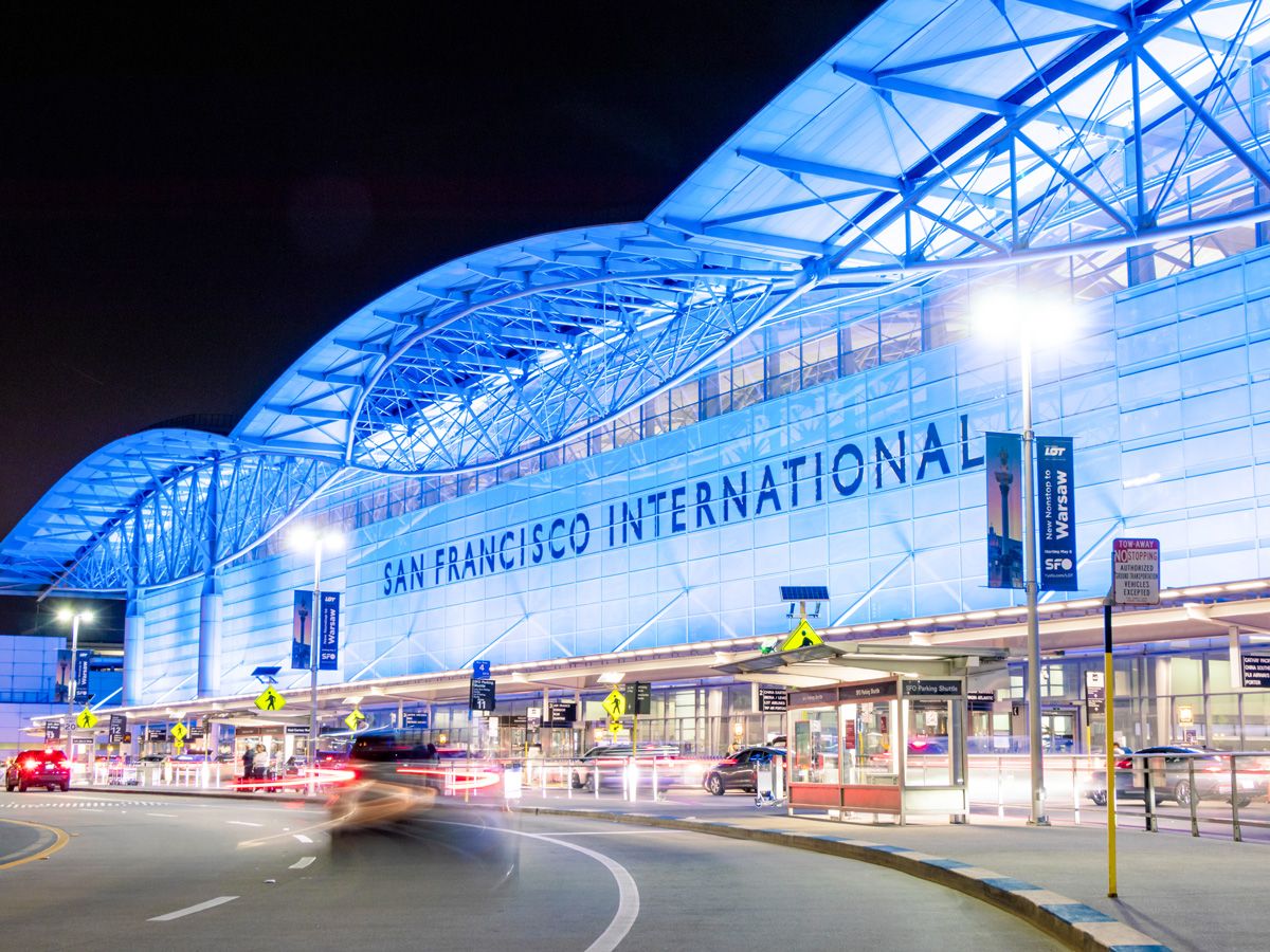 Exterior of San Francisco International Airport at night