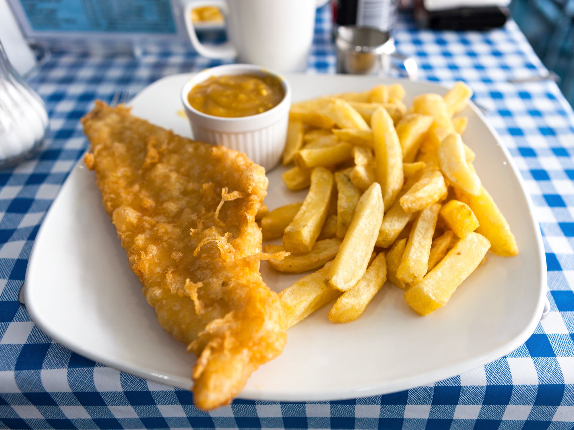 Fish and chips with curry sauce