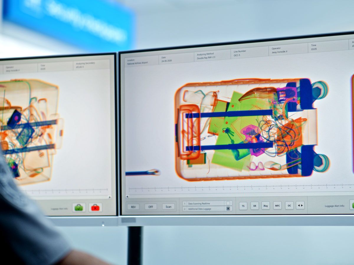 X-ray image on computer screen of contents of a passenger's bag