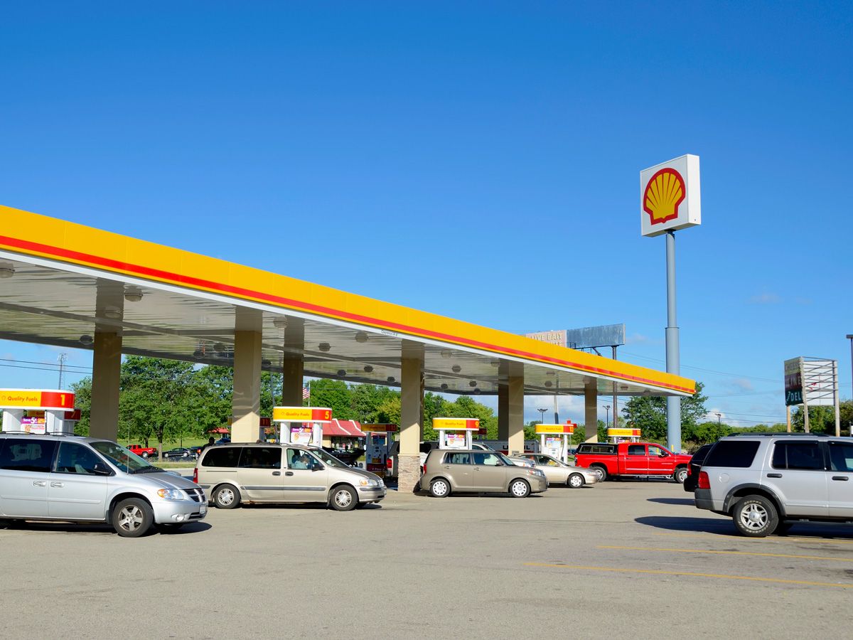 Cars at a Shell gas station