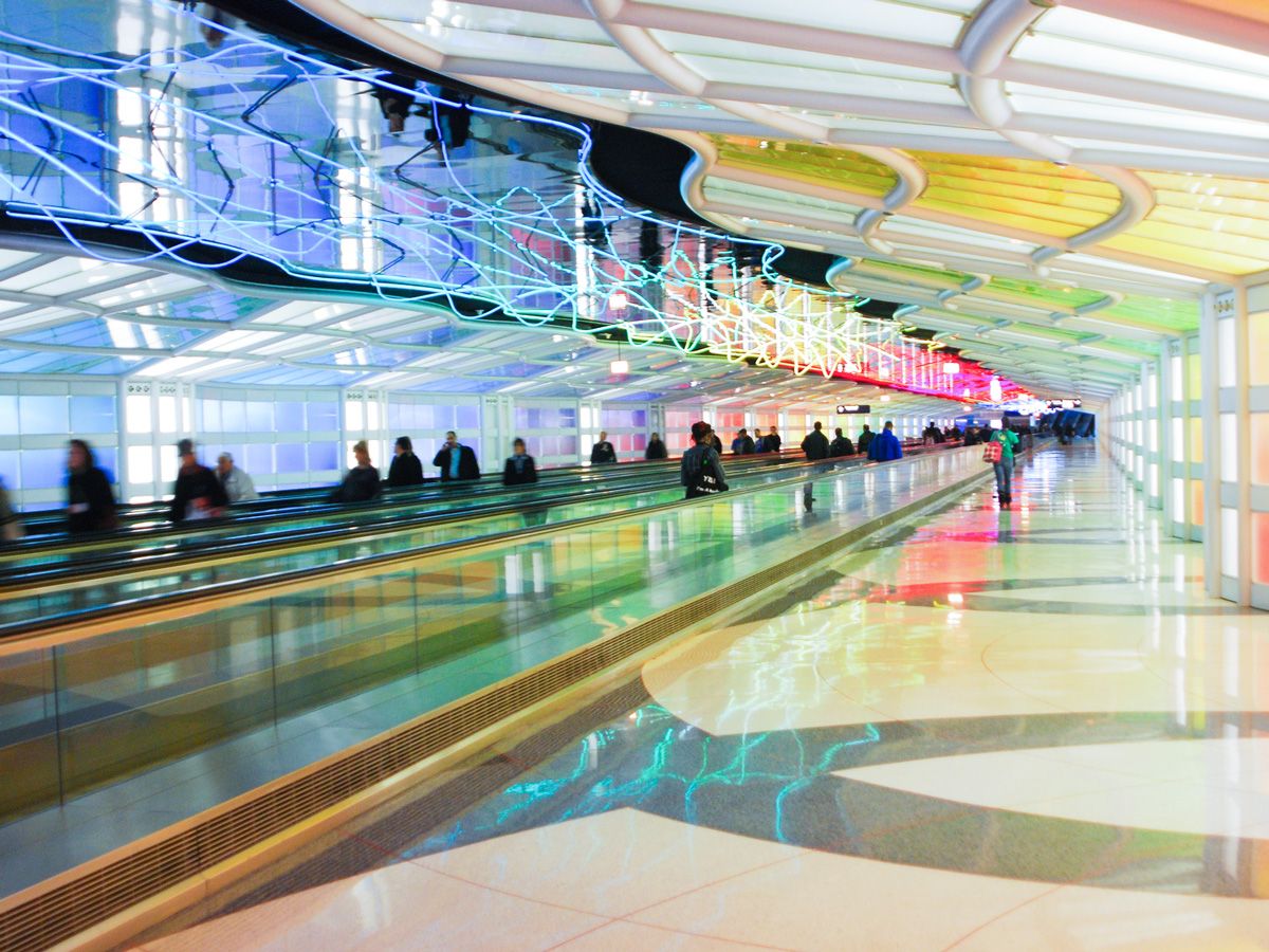 Colorful underground tunnel at O'Hare Airport