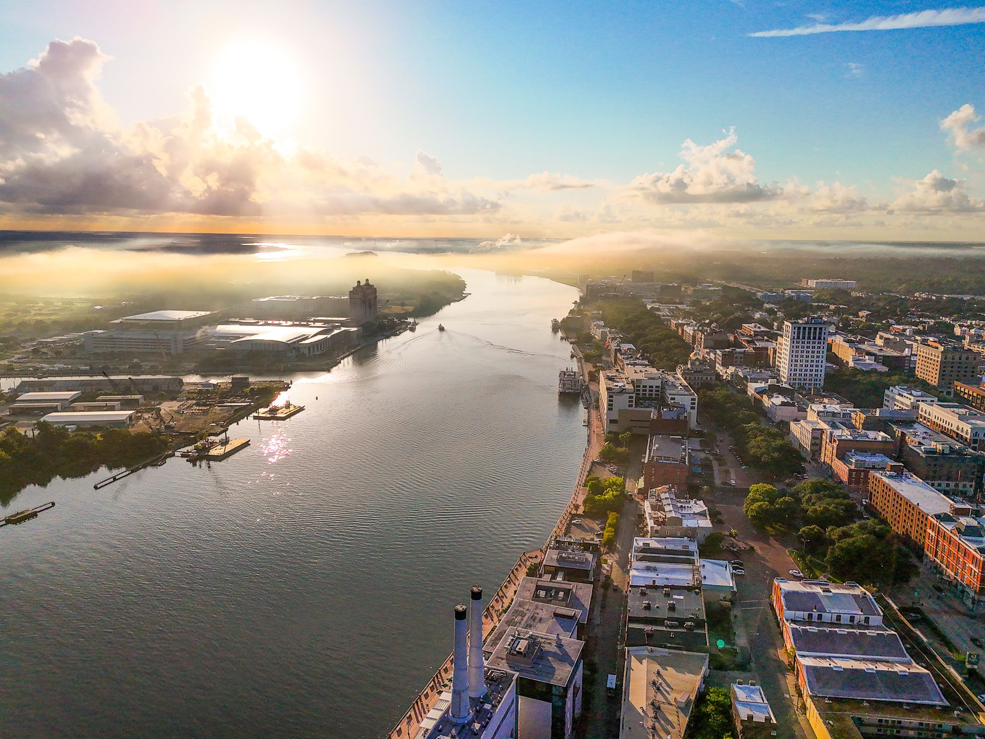 Aerial view of Savannah riverfront