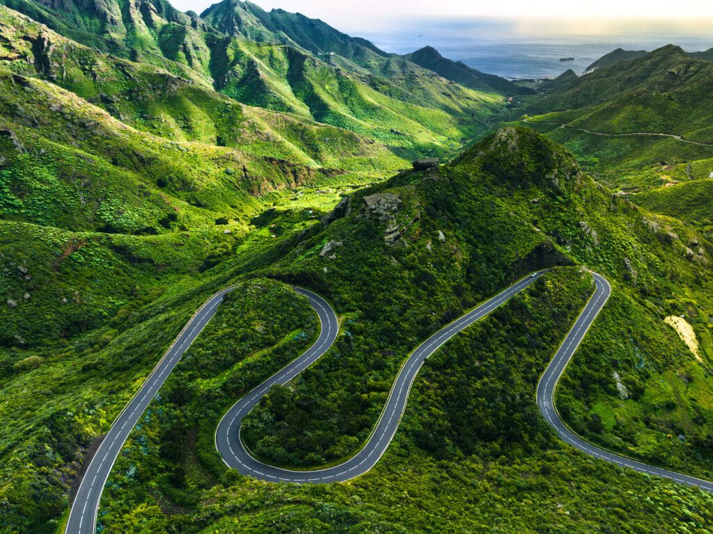 Aerial view of winding road through Parque Rural de Anaga in Tenerife, Spain