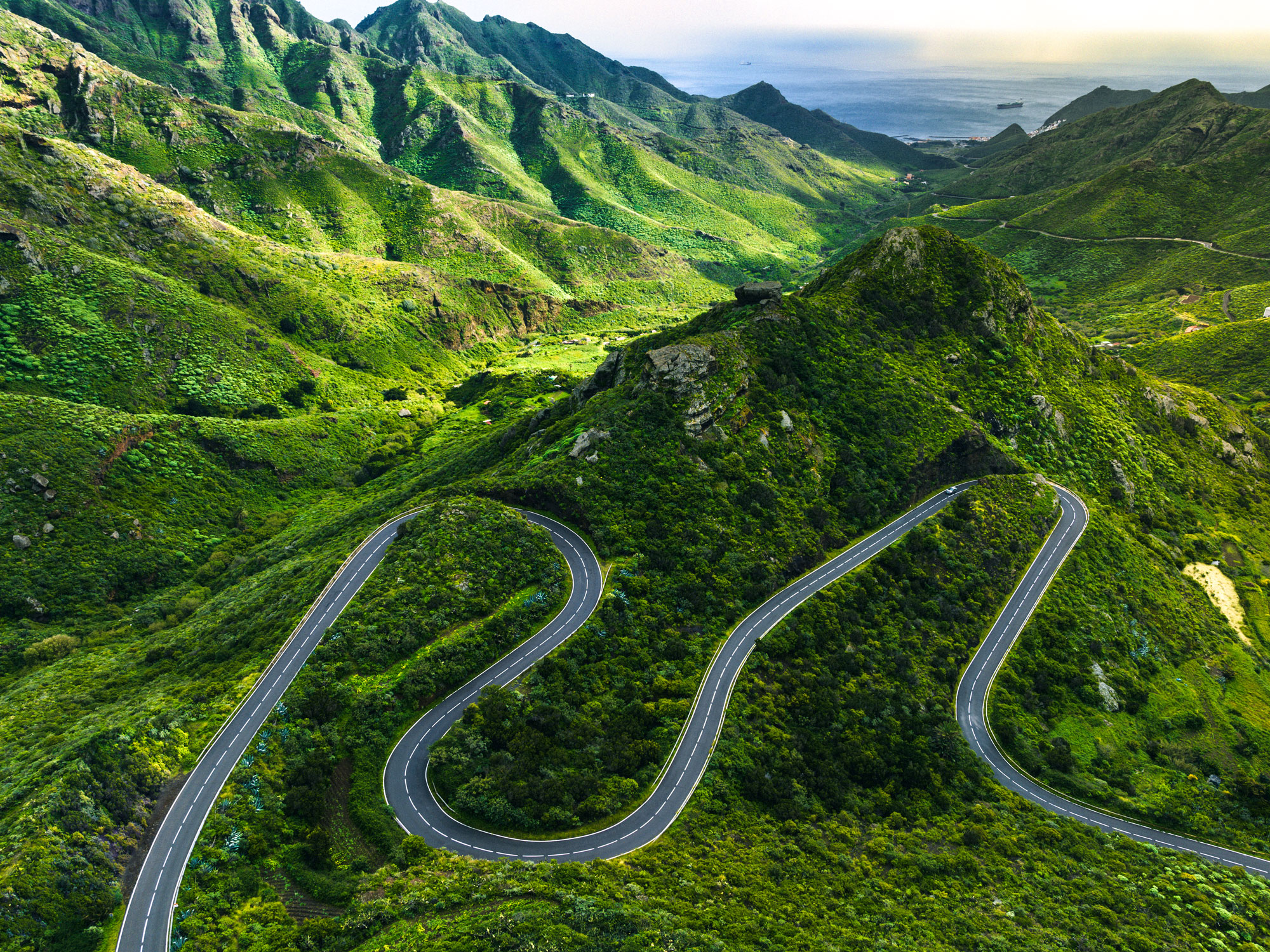 Aerial view of winding road through Parque Rural de Anaga in Tenerife, Spain