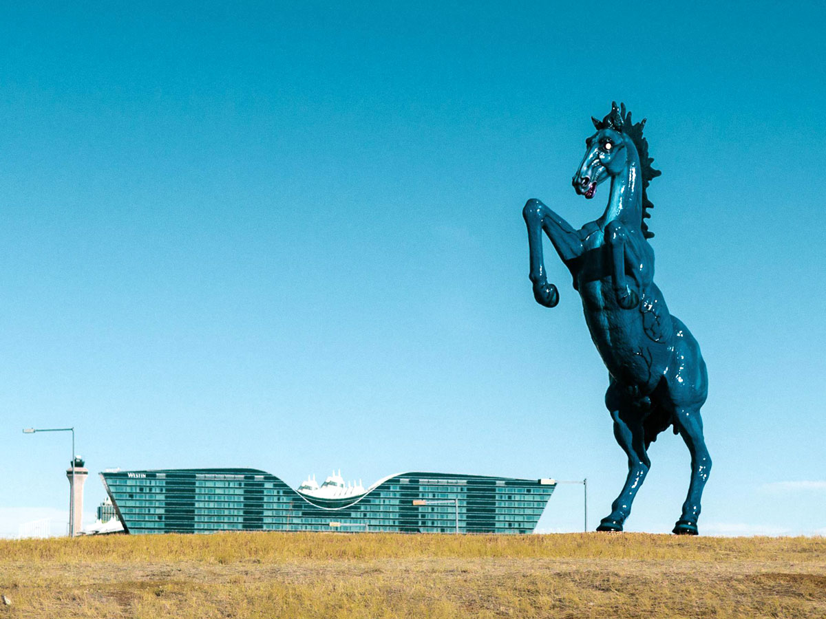 The Blue Mustang sculpture, popularly known as Blucifer, at Denver International Airport