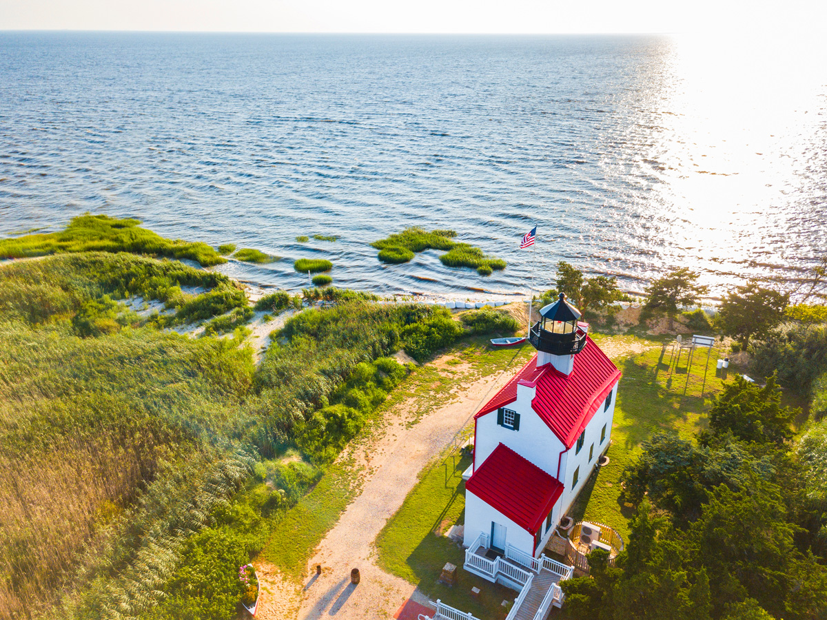 Aerial view of the East Point Lighthouse outside of Cape May, New Jersey