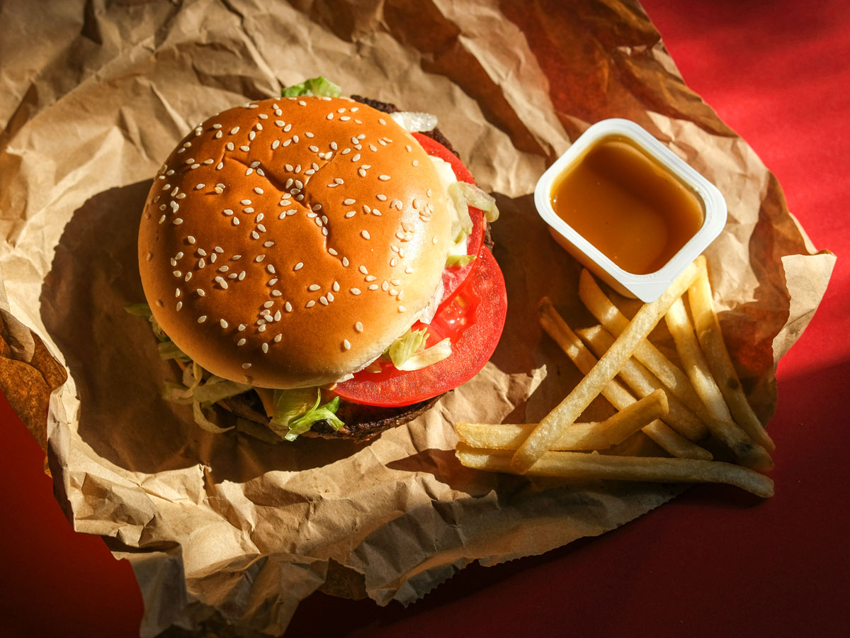 A hamburger and French fries