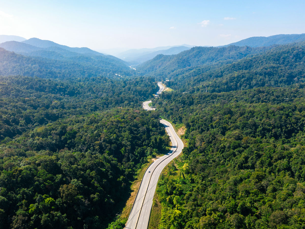 Aerial view of a road in the mountains